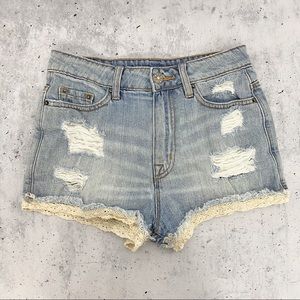 UO BDG Dree high rise cheeky lace trim denim shorts